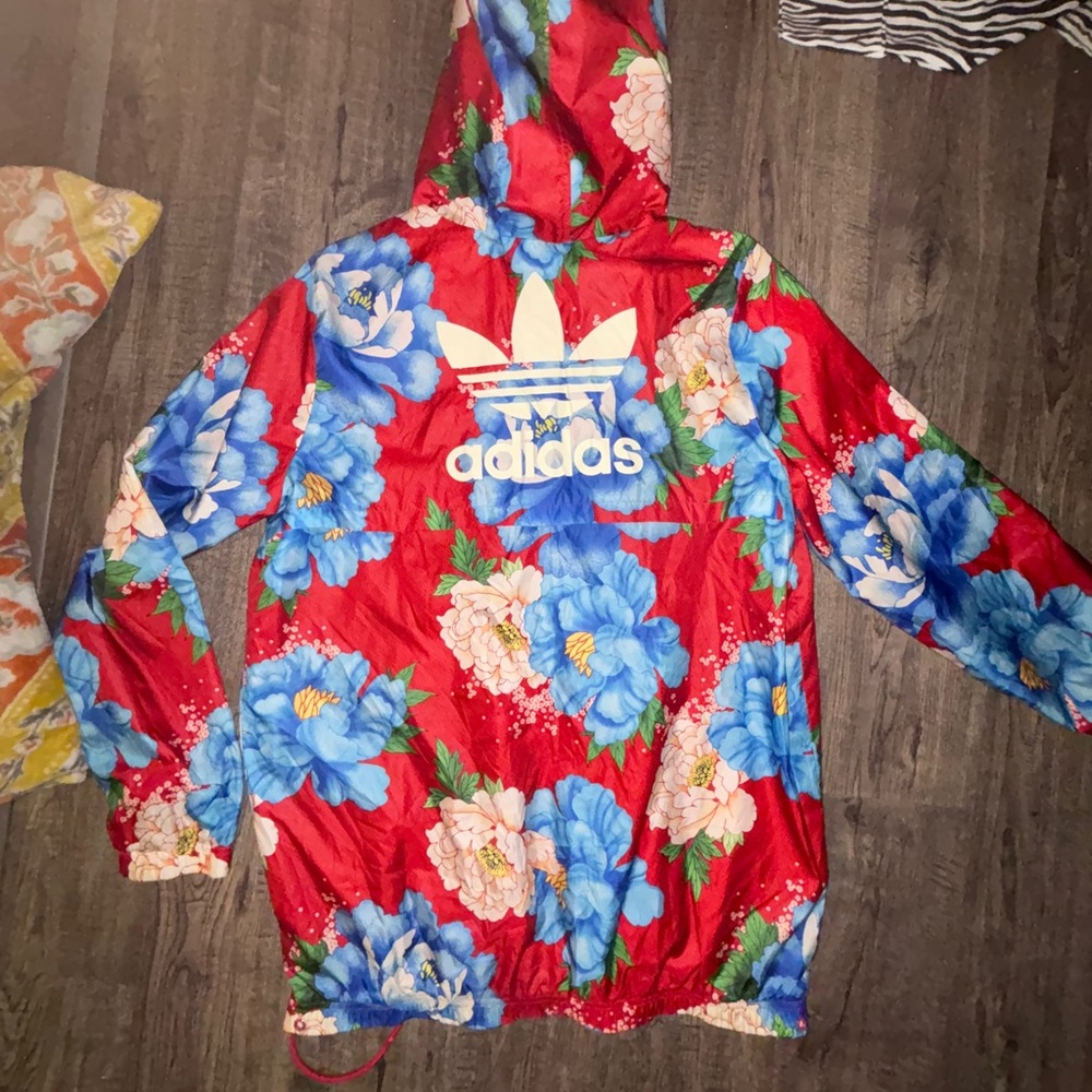 Adidas Red Bomber Jacket with Blue Floral Design - Picture 2 of 5